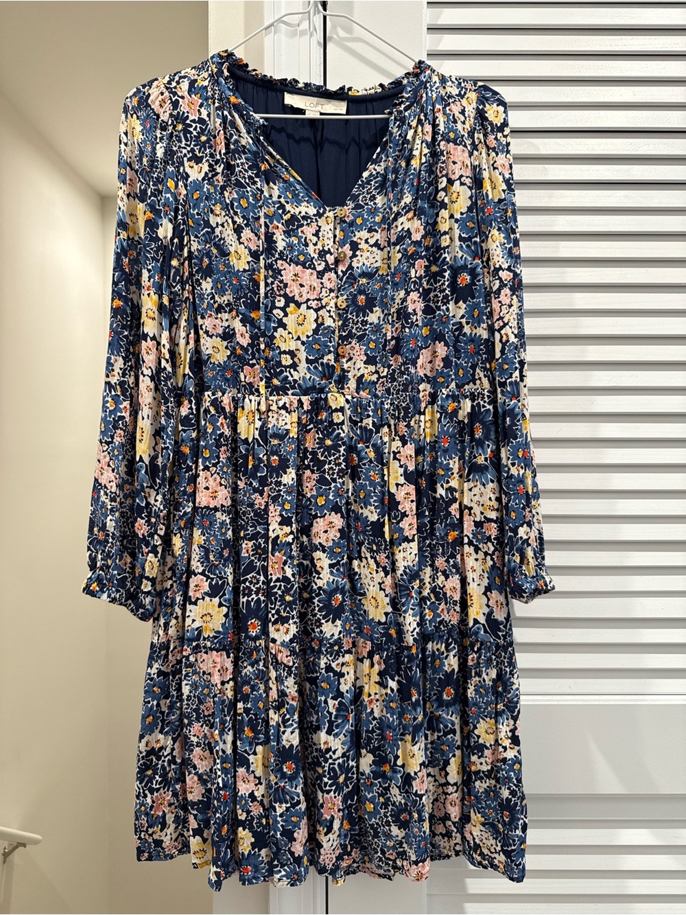 LOFT Navy Floral Tiered V-Neck Dress